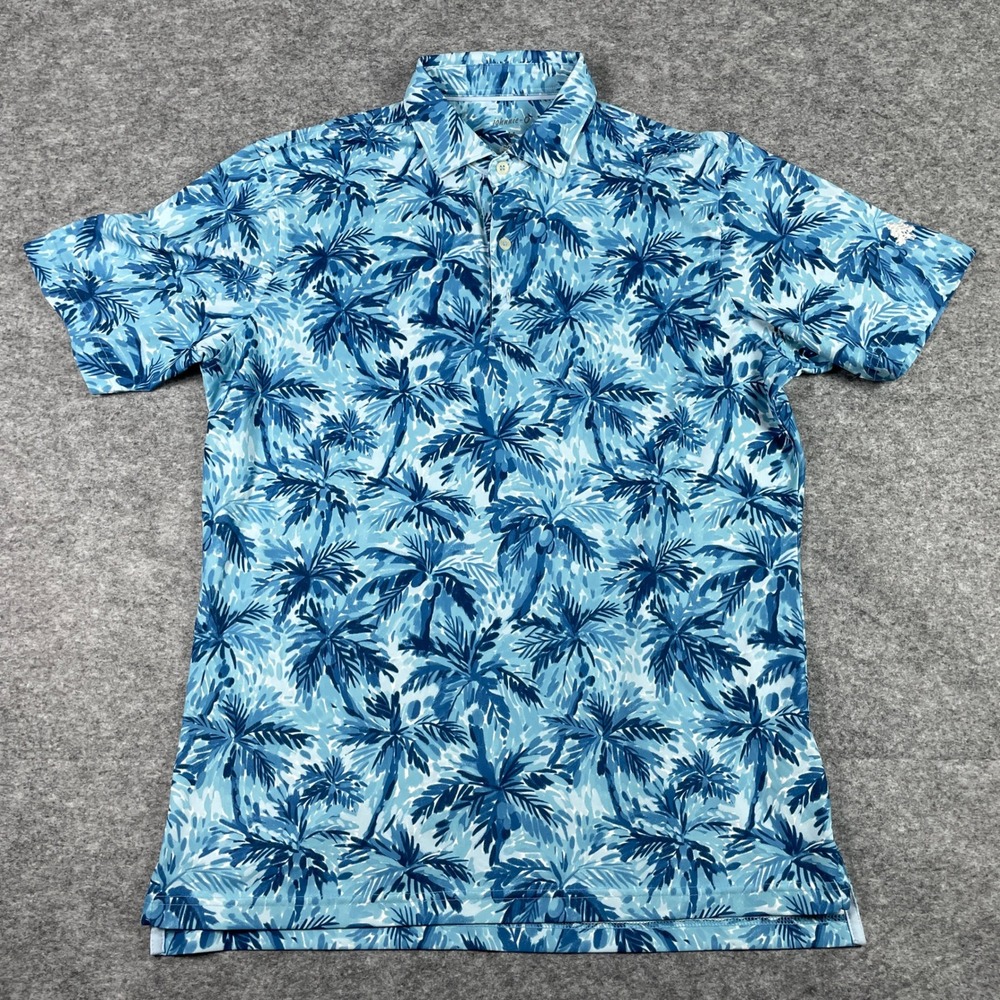Johnnie-O Polo Shirt Mens Medium Blue Earle Palm Tree Tropical Performance